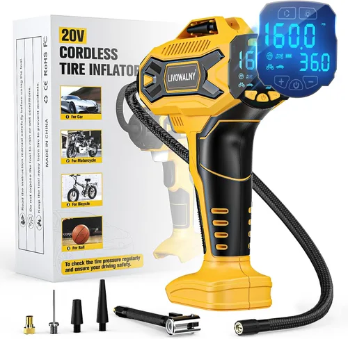 Compresor de aire para inflador de neumáticos, compatible con batería Dewalt de 20 V, bomba de aire eléctrica portátil inalámbrica LIVOWALNY de 160