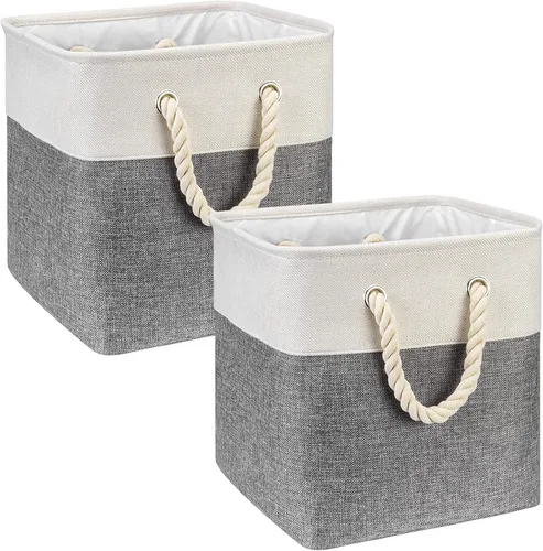 Miniatura 9 de Cubos de almacenamiento de tela de lino beige y azul marino de 13 x 13 x 12.5 pulgadas, paquete de 2 cubos de almacenamiento de 13 x 13 pulgadas