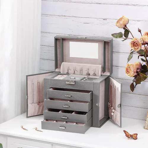 Miniatura 2 de BEWISHOME Joyero organizador de caja de joyería con cajones caja organizadora de collares regalo ideal para mujeres y niñas con espejo de cerradura