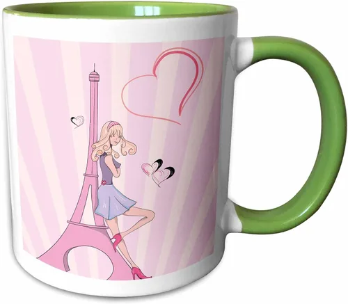 Miniatura 8 de 3dRose Girly Pink Girl Eiffel Tower and Hearts Paris Love Vector Illustration Taza de dos tonos, 11 onzas, negro/blanco