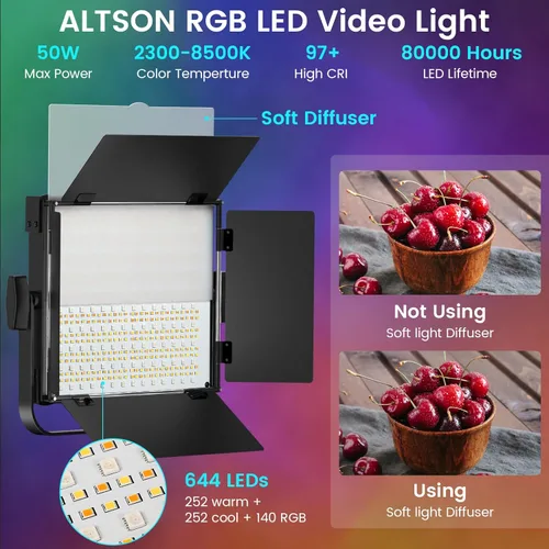 Miniatura 2 de Kit de Iluminación Fotográfica RGB de 2 Piezas, Luces LED de Estudio Profesionales Bicolor de 50W, 2300K~8500K Luces Fotográficas Regulables