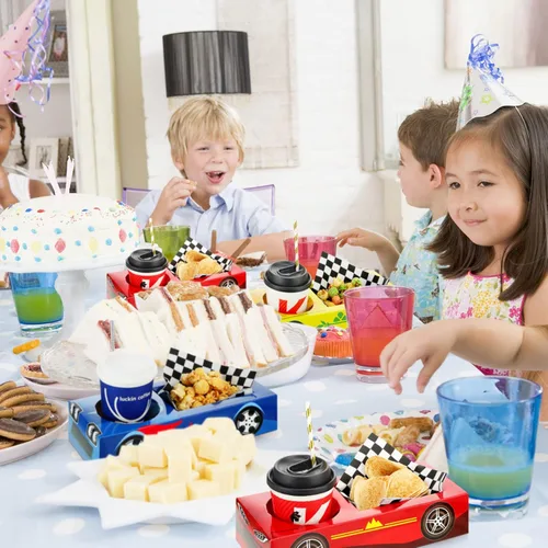 Miniatura 6 de Lincia 12 cajas de comida para fiestas de autos de carreras, suministros para fiestas de cumpleaños, bandejas de alimentos con cajas de aperitivos