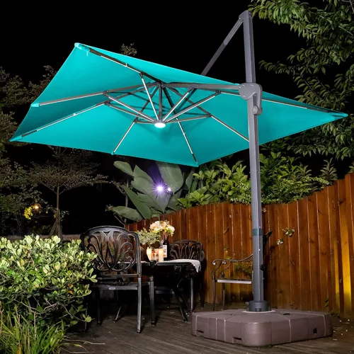 Miniatura 6 de Sunnyglade Sombrilla de patio voladiza LED de 10 x 10 pies con energía solar, sombrilla cuadrada de lujo con rotación de 360° y sistema de Azul