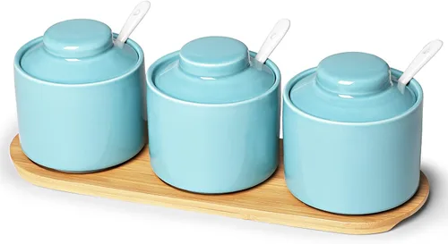 ONTUBE Juego de 3 tarros de porcelana para condimentos con bandeja, cuchara de cerámica y tapa, caja de condimentos, azucarero, 8 onzas (azul