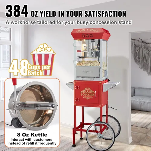 Miniatura 2 de VEVOR Máquina Comercial de Palomitas de Maíz, Hervidor de 8 Oz, Fabricadora de Palomitas de 850 W sobre Ruedas para 48 Tazas por Lote, Estilo Teatro
