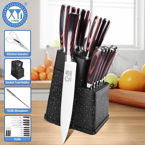 Miniatura 8 de XYJ Auténtico desde 1986, juego de bloque con cuchillos de cocina, juego de cuchillos de cocina con soporte, tijeras, juego de cuchillos de chef