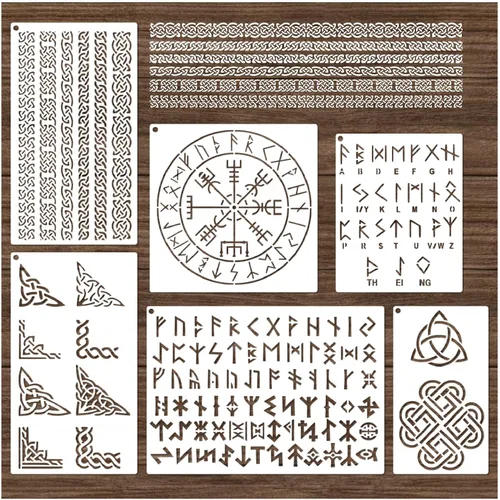 Plantillas de runas para pintar en madera y piedras, reutilizables, borde celta, alfabeto antiguo, plantillas de símbolos vikingos para
