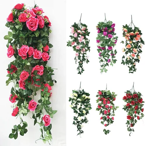Miniatura 2 de Flores artificiales colgantes de vid de 31.5 pulgadas, planta colgante falsa, flores de rosas de seda, flor sintética para jardín al aire libre