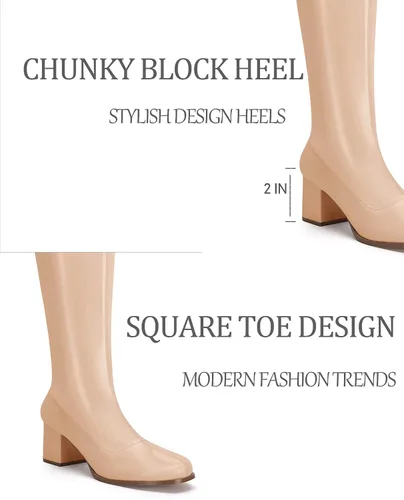 Miniatura 5 de Coutgo Botas altas Gogo para mujer, punta cuadrada, tacón grueso, charol y cremallera sobre la rodilla