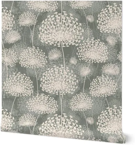 Spoonflower Papel tapiz autoadhesivo de 12 x 2 pies, diseño de diente de león de estilo vintage, gris, crema, flores neutrales, floral, naturaleza,