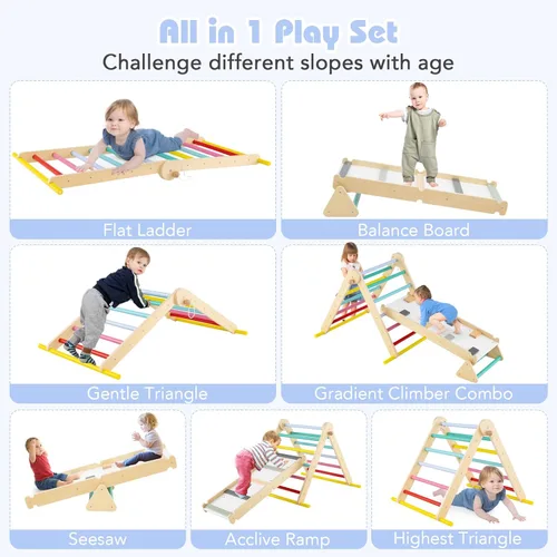 Miniatura 3 de Olakids Pikler - Juego de triángulos 7 en 1, juguetes de escalada para niños pequeños, plegable de madera Montessori, gimnasio de selva con escalera