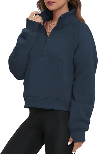 Miniatura 2 de ATHMILE Sudaderas para mujer, sudaderas cortas con capucha y media cremallera, forro polar, suéter con cremallera de un cuarto, suéter de moda