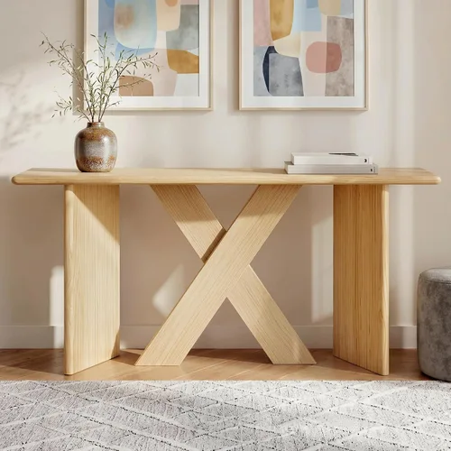Miniatura 47 de 50" Modern Art Sculptural Console Table, Oval Cutout Legs, Wood Veneer, Thick Rounded Tabletop, Contemporary Entryway Sofa Table for Living Room