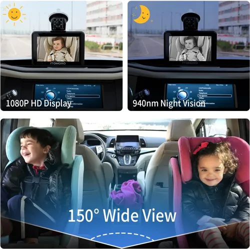 Miniatura 6 de Itomoro Cámara de coche para bebé, 5 pulgadas + 7 pulgadas 1080P cámara de bebé de doble pantalla con video bidireccional, música y reproducción