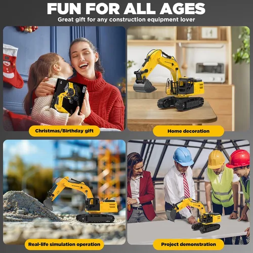 Miniatura 7 de Juguete de excavadora RC de metal 1:18 para niños Vehículo de construcción de control remoto de 11 canales con rociador de agua, luces y sonidos