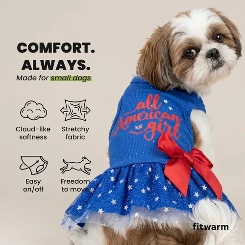 Miniatura 6 de Fitwarm All American Girl Vestido para Perros - Vestido Patriótico de Tul para Perros Pequeños, Azul Real, Rojo, Blanco, XXS