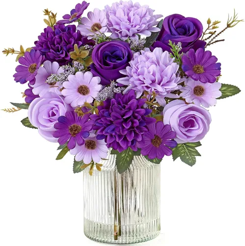 Miniatura 11 de Dremisland Fake Flower Bouquets,2 Packs Silk Rose Daisy Bouquet Artificial Flower Arrangement Realistic Rose Bouquets for Centerpiece Table Wedding