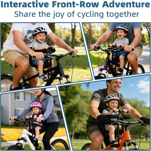 Miniatura 7 de Asiento de bicicleta infantil montado en la parte delantera para adulto MTB, portabicicletas interactivo para niños con barandilla completa, pedales