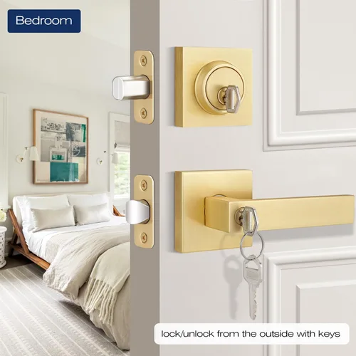 Miniatura 2 de EHOMEWARE Juego de 3 manijas de puerta con cerrojo de un solo cilindro, cerrojo de latón satinado, reversible para lado derecho e izquierdo, juego