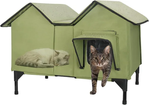 Miniatura 10 de Casa climatizada para gatos en invierno exterior, casa para gatos climatizada extra grande, resistente a la intemperie, cama elevada, puerta