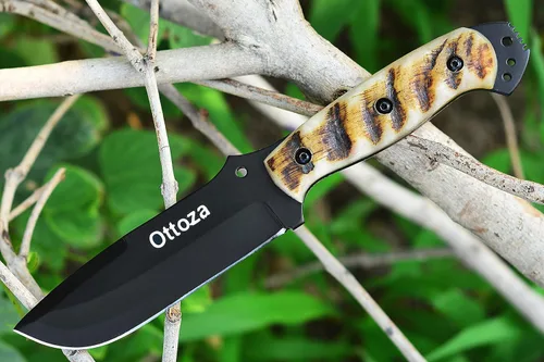 Miniatura 2 de Ottoza Cuchillo de caza de hoja fija con funda de cuero y transporte horizontal, cuchillo de supervivencia y campamento al aire libre de espiga