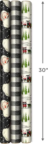 Miniatura 6 de Hallmark - Papel de regalo de Navidad negro con líneas de corte en el reverso (3 rollos: 11.2 m2) Papá Noel retro, cuadros de búfalo blanco y negro