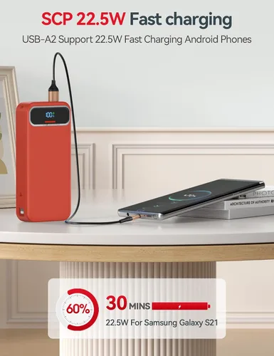 Miniatura 6 de Cargador portátil ligero de 20000 mAh con cables integrados y enchufe de pared de CA, batería de carga rápida PD20W USB-C, pantalla LED, cargador