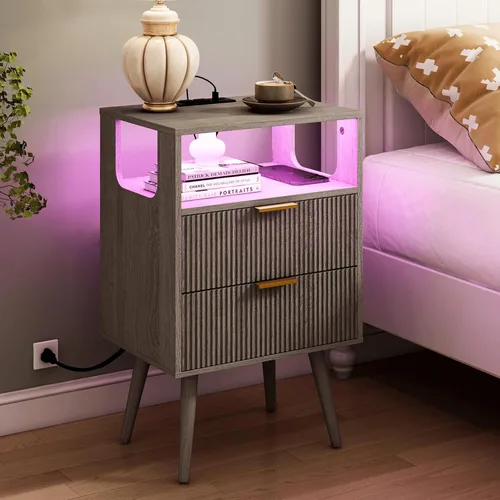 Miniatura 8 de JOONEE - Mesita de noche negra con estación de carga y luces LED, mesa de noche moderna con 2 cajones de almacenamiento y estante de madera abierto