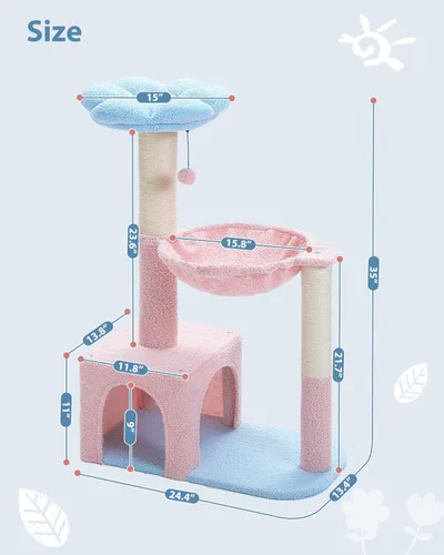 Miniatura 7 de MUTTROS Árbol de flores para gatos con hamaca grande de marco de metal, torre rosa para gatos de 35 pulgadas con postes rascadores de sisal