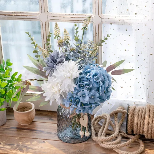Miniatura 2 de LUEUR Flores falsas con jarrón, flores artificiales de hortensias en jarrón, arreglo de flores sintéticas adecuadas para el hogar, cocina, sala