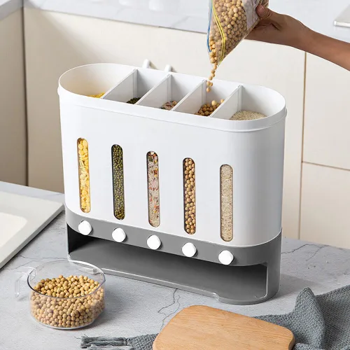 Miniatura 5 de Dispensador de cereales montado en la pared de 19.8 lbs, dispensador de alimentos secos de 5 rejillas, contenedor de almacenamiento de granos