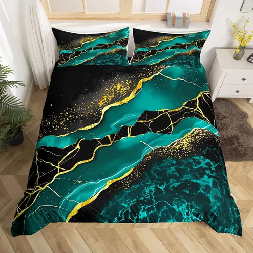 Miniatura 12 de Funda de edredón de mármol negro tamaño individual, juego de ropa de cama dorada para adultos, hombres y mujeres, funda de edredón de textura