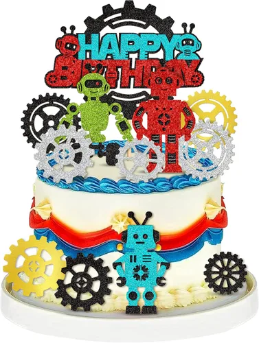 Ercadio 37 piezas de robot para decoración de pastel de cumpleaños, robots multicolores, engranajes para cupcakes para temática de robots,