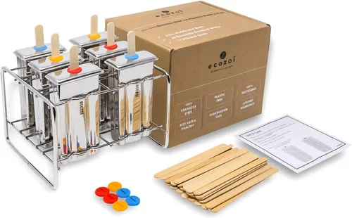 Ecozoi Moldes y Estante de Acero Inoxidable para Paletas – 6 Moldeadores de Paletas de Hielo Cuadradas + 30 Palos de Bambú Reutilizables + 12 Sellos