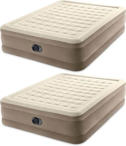 Intex Dura Beam - Colchón inflable de lujo ultra afelpado de 18 pulgadas, cama Queen con construcción Fiber Tech y bomba integrada, color beige