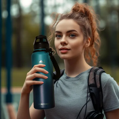Miniatura 2 de NATURE PIONEOR Botellas de agua aisladas con mango de paracord - Botella de agua deportiva al vacío de boca ancha de 32 onzas con 3 tapas, acero