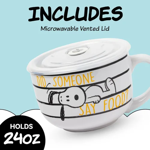Miniatura 3 de Silver Buffalo Peanuts Snoopy and Woodstock Did Someone Say Food - Taza de cerámica para sopa con tapa de plástico ventilada, 24 onzas Maní