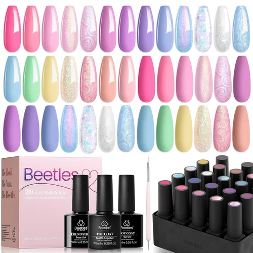 Miniatura 18 de Beetles - Set de 20 esmaltes de gel p/decoración de uñas, colección Fall Yard, purpurina naranja/marrón/rojo/azul marino, semipermanente, LED c/capa