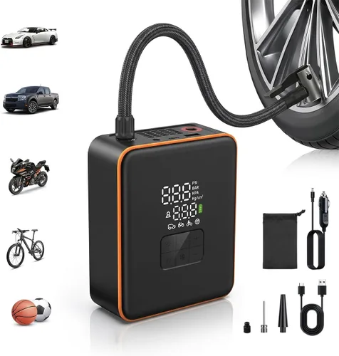 Compresor de aire portátil para inflador de neumáticos, doble potencia inalámbrica 7800mAh 12V CC, inflado rápido 5X con medidor de presión digital,