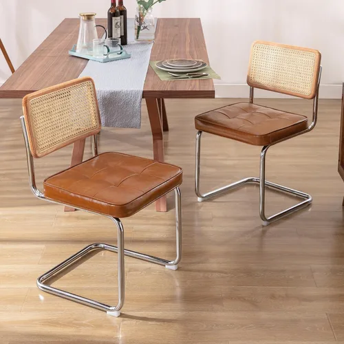 Miniatura 10 de Zesthouse Juego de 2 sillas de comedor de ratán natural, sillas modernas de comedor con respaldo de madera maciza para cocina y sala de estar, Cuero