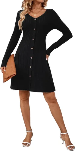 Miniatura 4 de Aossfre Vestido midi ajustado de manga larga con cuello en V para mujer
