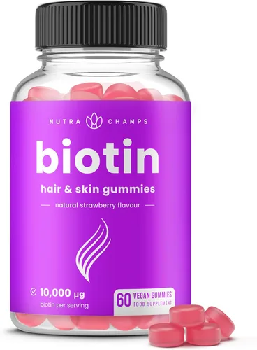 NutraChamps Gomitas de Biotina 10000mcg [Alta Potencia] para Cabello Saludable, Piel y Uñas, Vitaminas para Mujeres, Hombres y Niños - 5000mcg en
