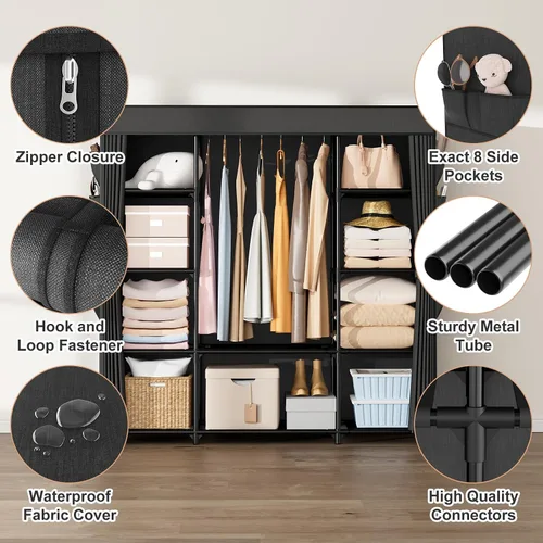 Miniatura 4 de Armario portátil para colgar ropa de 57.3 pulgadas, armario de gran capacidad con tapa, 8 bolsillos y 1 barra para colgar, organizador de armario