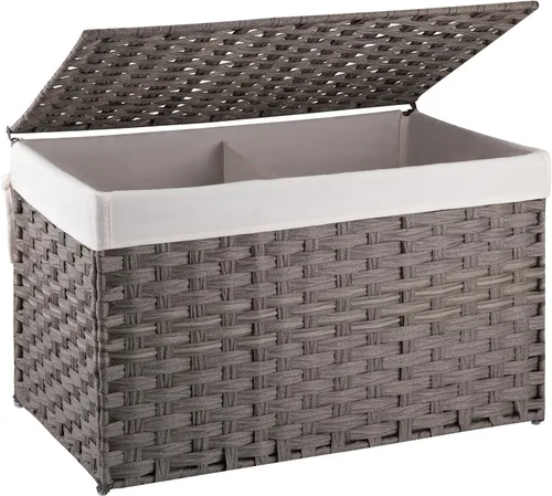 Miniatura 10 de OIAHOMY Cesta de Almacenamiento Grande con Tapa, 42.3 Galones (160L) Cesta para Mantas con Bolsa de Forro Extraíble, Cesto de Mimbre con Asa, Gris