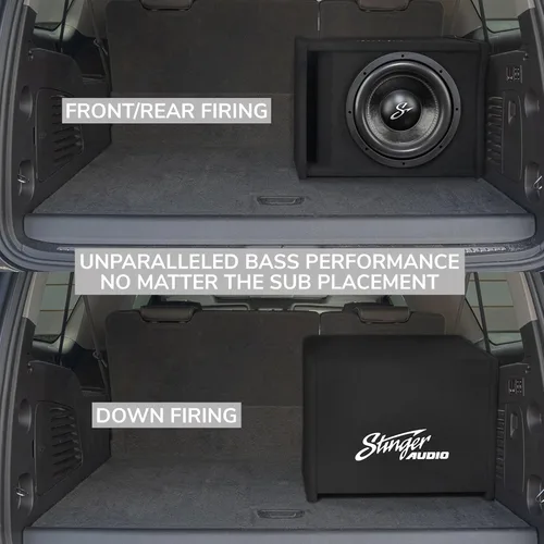 Miniatura 6 de Stinger Audio Single 10" 1200W ranura cargada ranura portada subwoofer gabinete de audio para coche 1 ohmio, subcaja ventilada premium para añadir