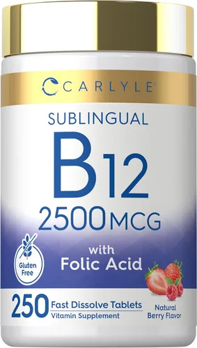 Carlyle Vitamina B12 Sublingual 2500 mcg | 250 tabletas de disolución rápida | Suplemento de cianocobalamina con ácido fólico para adultos | Sabor