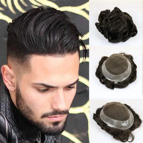 Miniatura 5 de SIMBEAUTY Encaje francés con base australiana con poliuretano alrededor de los hombres, peluca de cabello humano cómoda onda, sistema de reemplazo