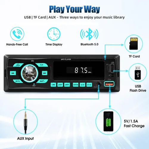 Miniatura 2 de Radio de coche Bluetooth Single DIN Audio estéreo para automóvil, audio para automóvil con Bluetooth dual y control de aplicaciones, compatible