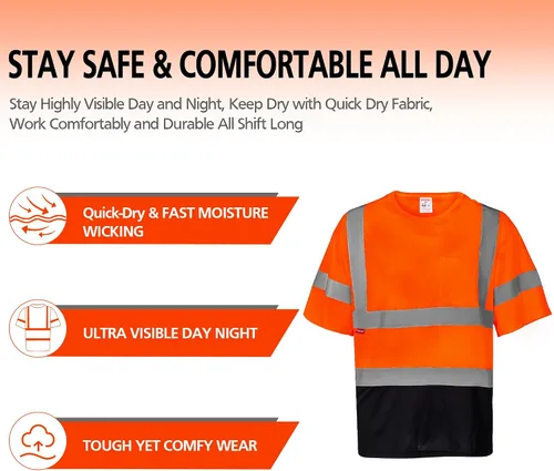 Miniatura 2 de ProtectX Camiseta de seguridad reflectante de manga corta de alta visibilidad, camisas de alta visibilidad transpirables resistentes para hombres