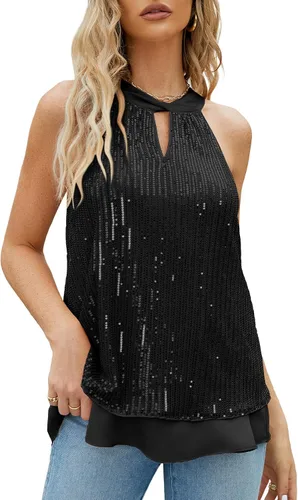 JASAMBAC Camisetas de lentejuelas para mujer, chaleco sin mangas brillante con purpurina para concierto, camiseta de concierto brillante